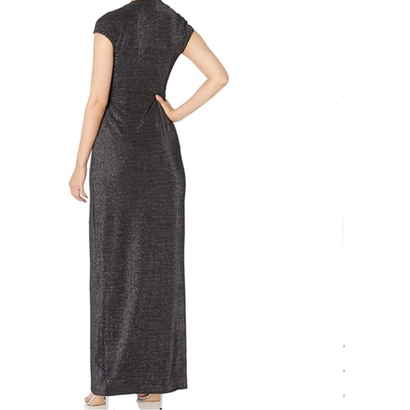 HALSTON HERITAGE Metallic Cap Sleeve V-Neck Jersey Gown Dress, Black & Silver - Picture 2 of 2